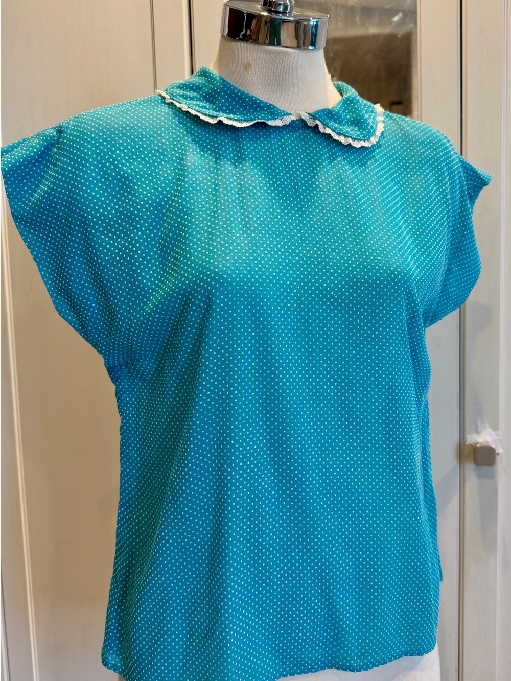 Vintage Turquoise Polka Dot Peter Pan Collar Blouse